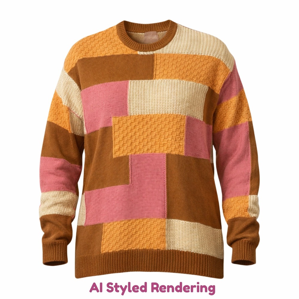 Show Me Your Mumu XS Ember Tunic Sweater Uneven Patchwork Knit Brown Pink Orange